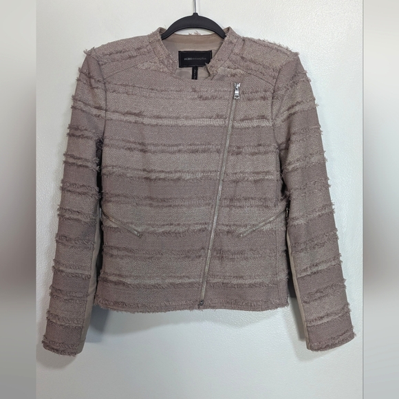 NWOT BCBGMaxAzria Brown Beige Mixed Media Fringe Moto Zipper Jacket Medium - Picture 1 of 7